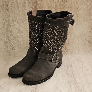 Frye Veronica Deco Mid Calf Leather Grey Studded Women's Combat Boots